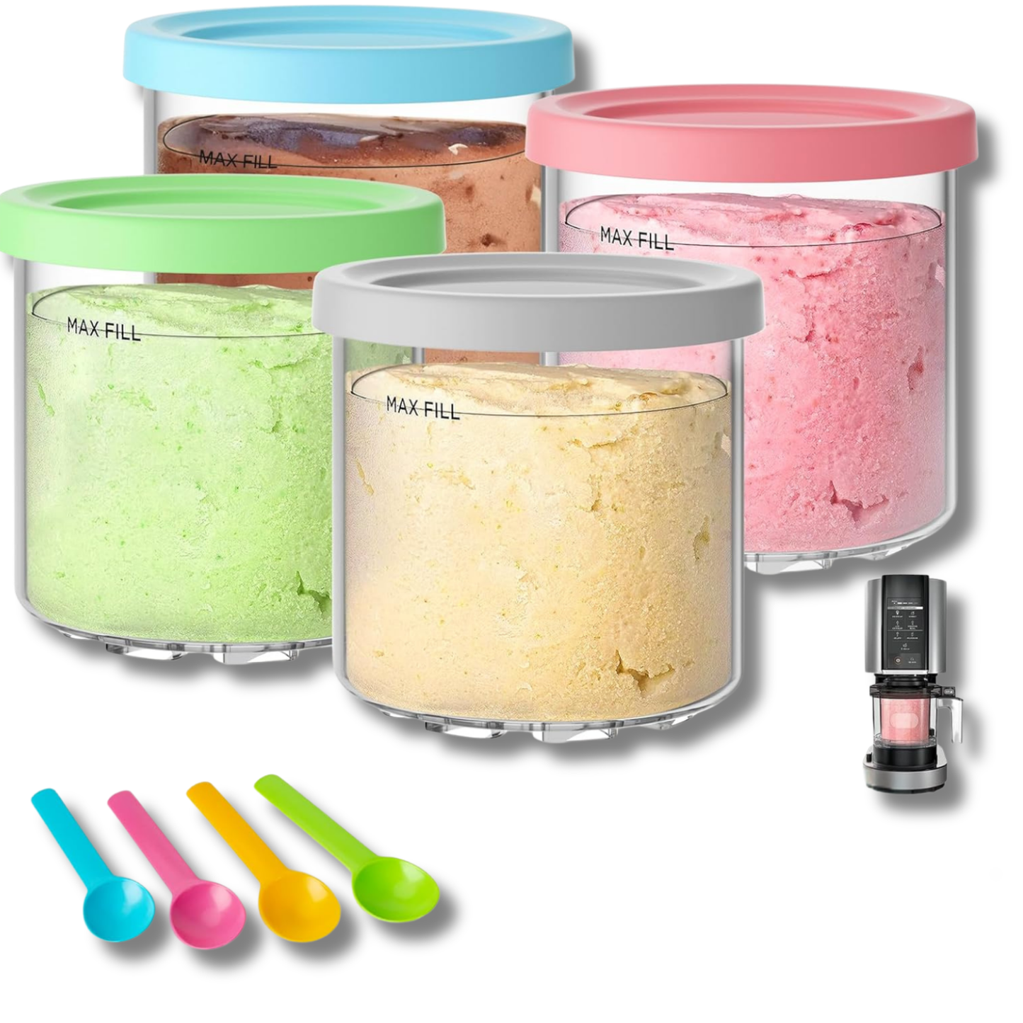 For Ninja Creami Pints and Lids - Pack of 4, Compatible with NC299AMZ and NC300s Series Creamer Accessories, Replacement Cups for Ninja Creami Pints BPA-Free and Dishwasher Safe Colored Covers