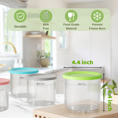 For Ninja Creami Pints and Lids - Pack of 4, Compatible with NC299AMZ and NC300s Series Creamer Accessories, Replacement Cups for Ninja Creami Pints BPA-Free and Dishwasher Safe Colored Covers