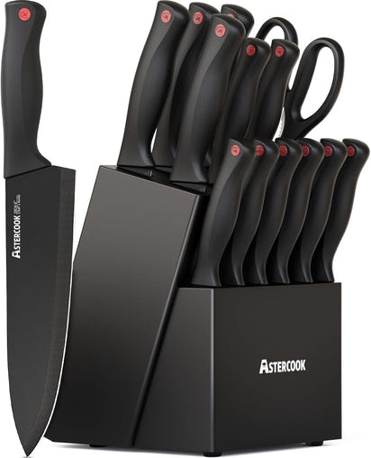 Astercook 15 Piece Knife Set with Sharpener Block - German Stainless Steel, Dishwasher Safe Kitchen Knives with Built-In Sharpener, Black