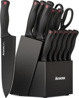 Astercook 15 Piece Knife Set with Sharpener Block - German Stainless Steel, Dishwasher Safe Kitchen Knives with Built-In Sharpener, Black
