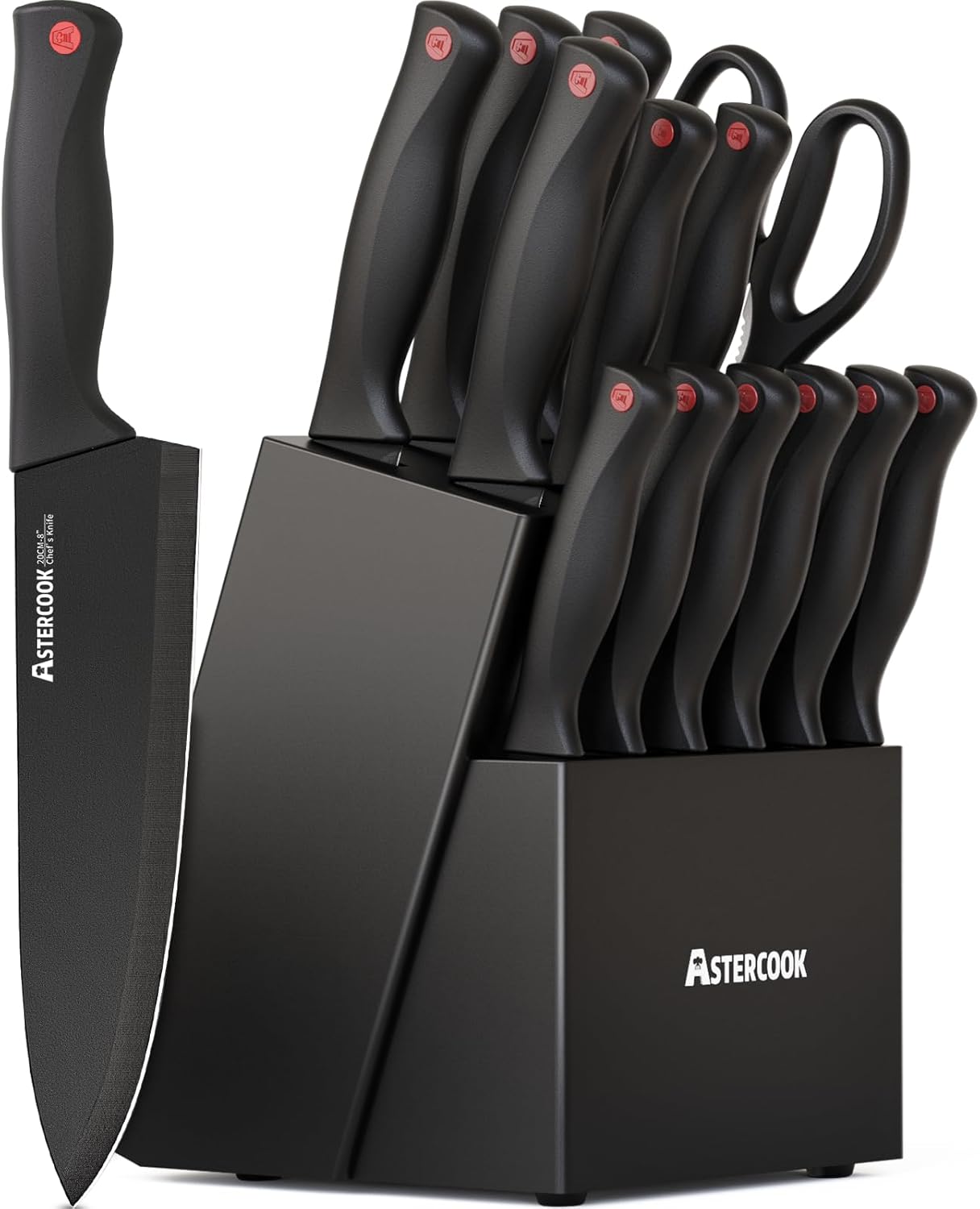Astercook 15 Piece Knife Set with Sharpener Block - German Stainless Steel, Dishwasher Safe Kitchen Knives with Built-In Sharpener, Black