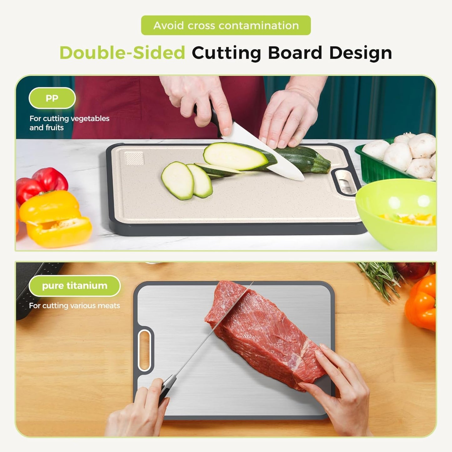 Titanium Cutting Board for Kitchen, Cutting Board Double Sided Food Grade, Pure Titanium/PP, Easy to Clean Large Size 16”×11”
