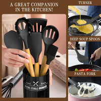 Umite Chef Kitchen Cooking Utensils Set, 33 pcs Non-Stick Silicone Cooking Kitchen Spatula Set with Holder, Wooden Handle Silicone Kitchen Gadgets Utensil Set (Black)