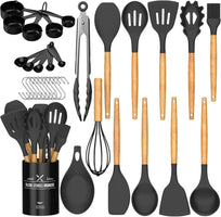 Umite Chef Kitchen Cooking Utensils Set, 33 pcs Non-Stick Silicone Cooking Kitchen Spatula Set with Holder, Wooden Handle Silicone Kitchen Gadgets Utensil Set (Black)