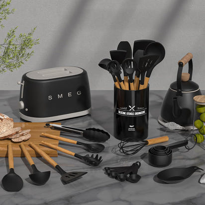 Umite Chef Kitchen Cooking Utensils Set, 33 pcs Non-Stick Silicone Cooking Kitchen Spatula Set with Holder, Wooden Handle Silicone Kitchen Gadgets Utensil Set (Black)