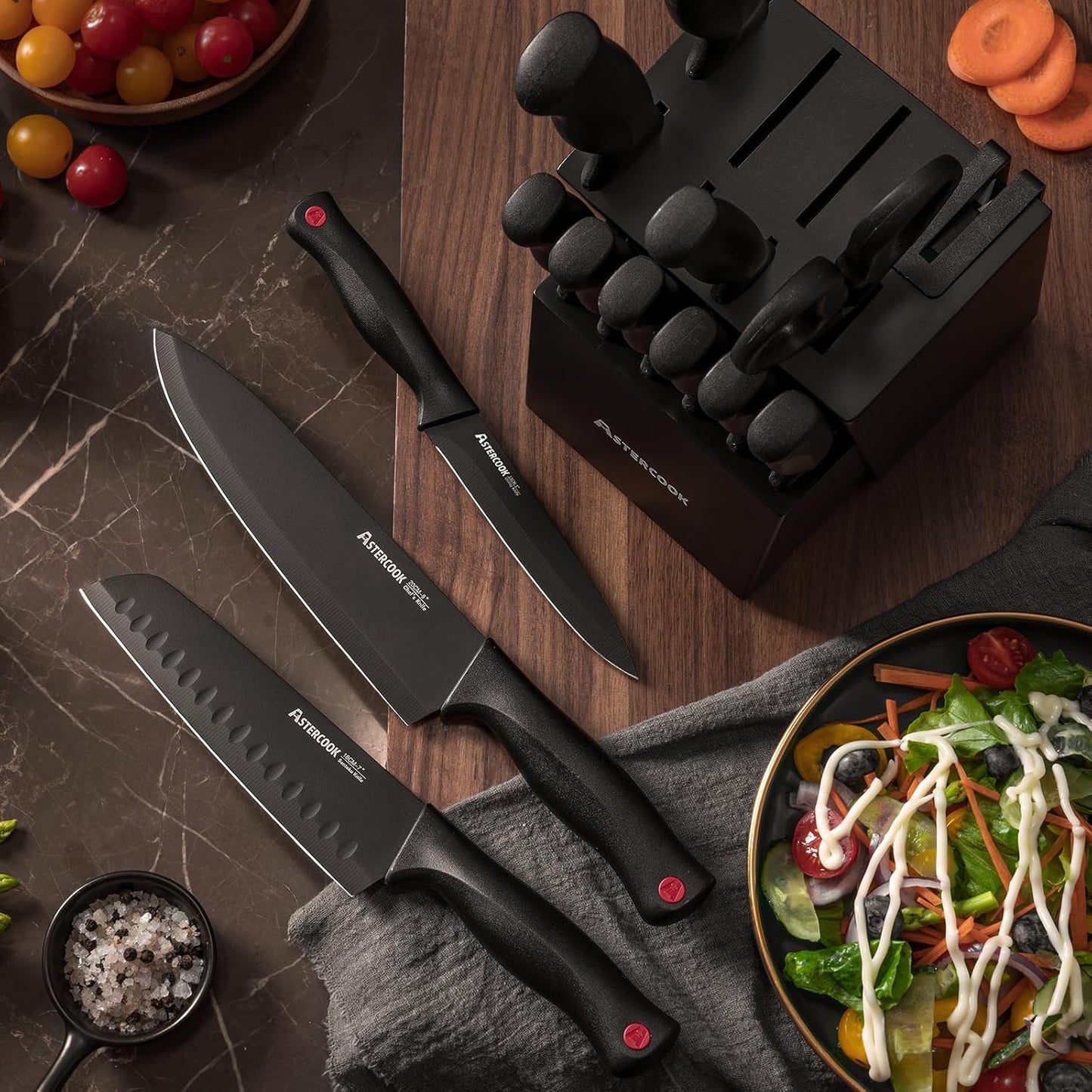 Astercook 15 Piece Knife Set with Sharpener Block - German Stainless Steel, Dishwasher Safe Kitchen Knives with Built-In Sharpener, Black