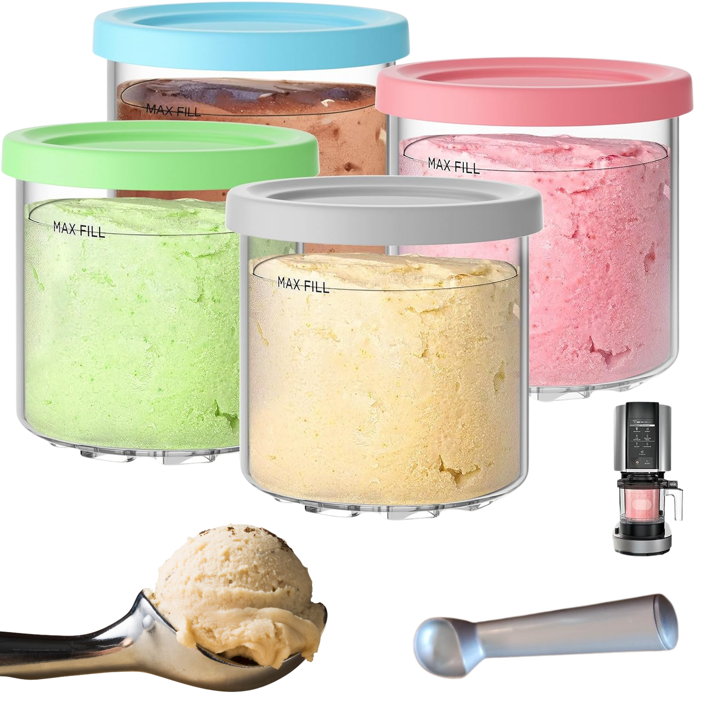 For Ninja Creami Pints and Lids - Pack of 4, Compatible with NC299AMZ and NC300s Series Creamer Accessories, Replacement Cups for Ninja Creami Pints BPA-Free and Dishwasher Safe Colored Covers